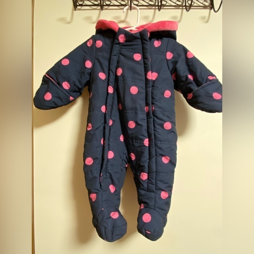 George Infant Girl Snowsuit, Size 0-3 Months. Blue, Pink Polka Dots